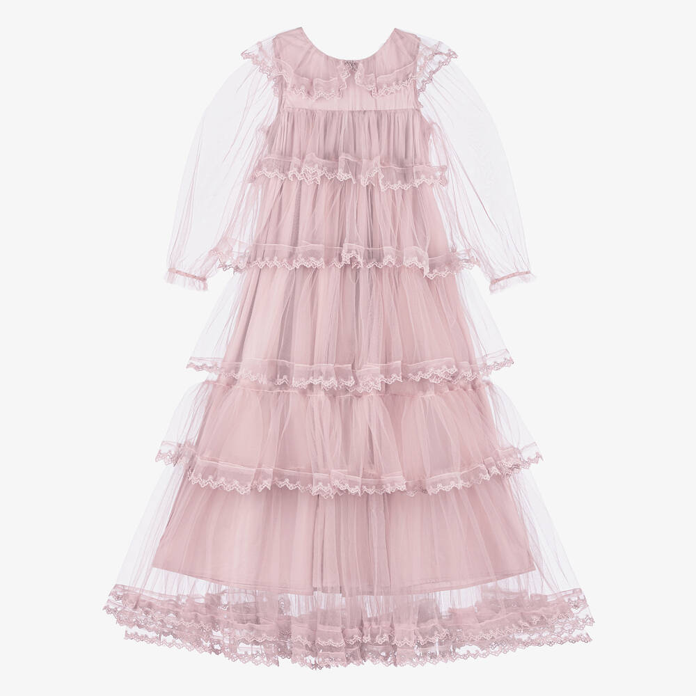 Petite Amalie - Girls Long Pink Embroidered Tulle Dress | Childrensalon