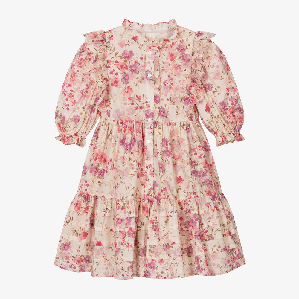 Petite Amalie Kids' Girls Pale Pink Floral Cotton Dress