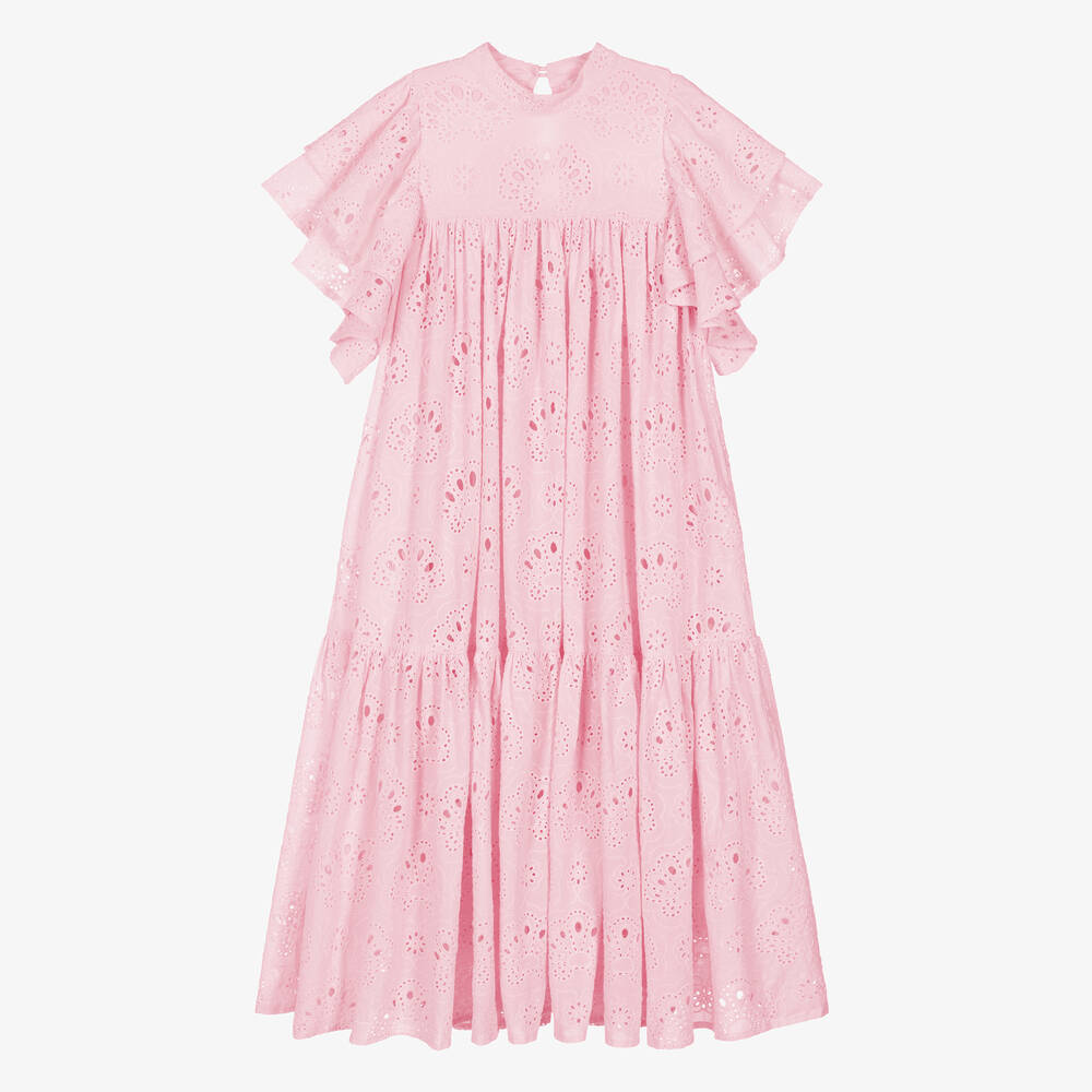 Petite Amalie - Girls Pink Broderie Anglaise Dress | Childrensalon