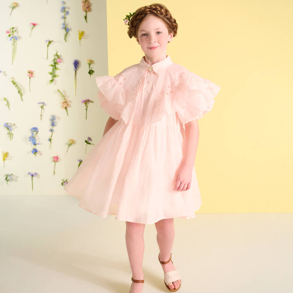 Petite Amalie-Girls Pink Linen Puffed Sleeve Dress | Childrensalon