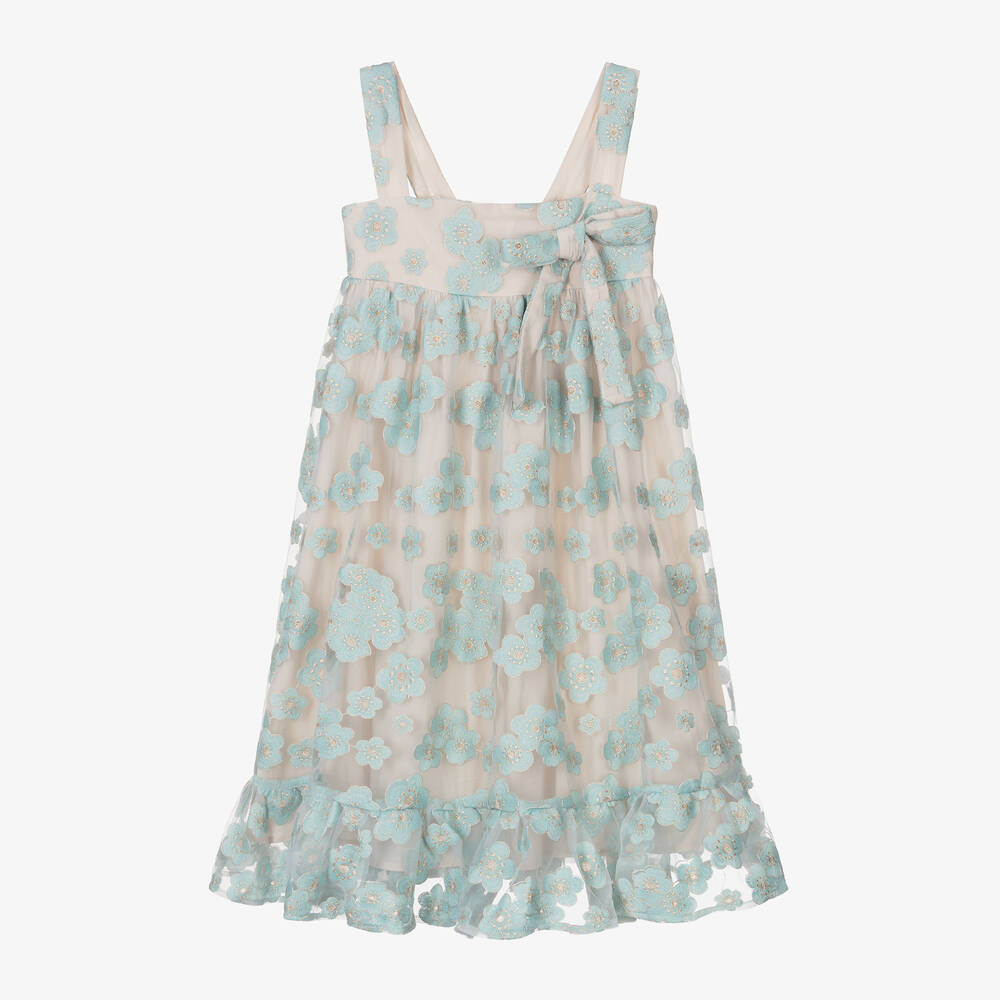Petite Amalie - Girls Turquoise Blue Embroidered Tulle Dress  | Childrensalon