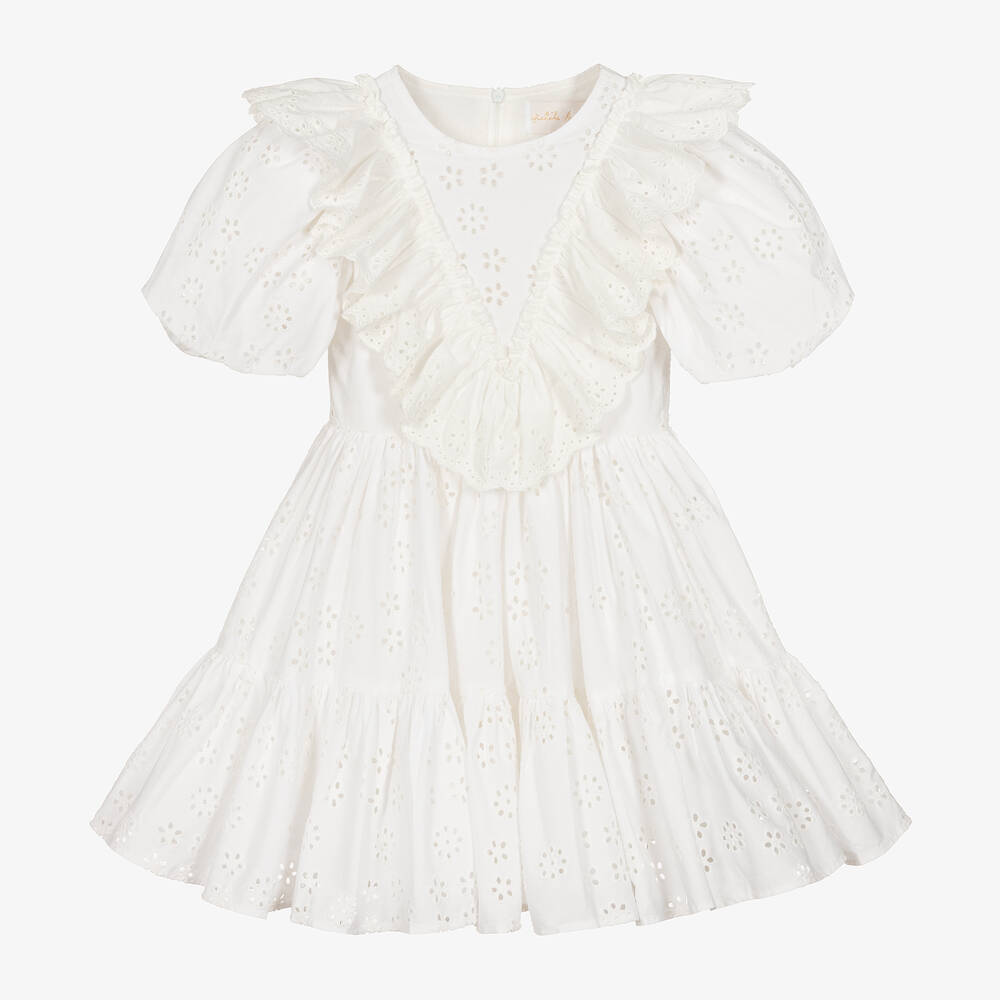 Petite Amalie - Girls White Broderie Anglaise Dress | Childrensalon
