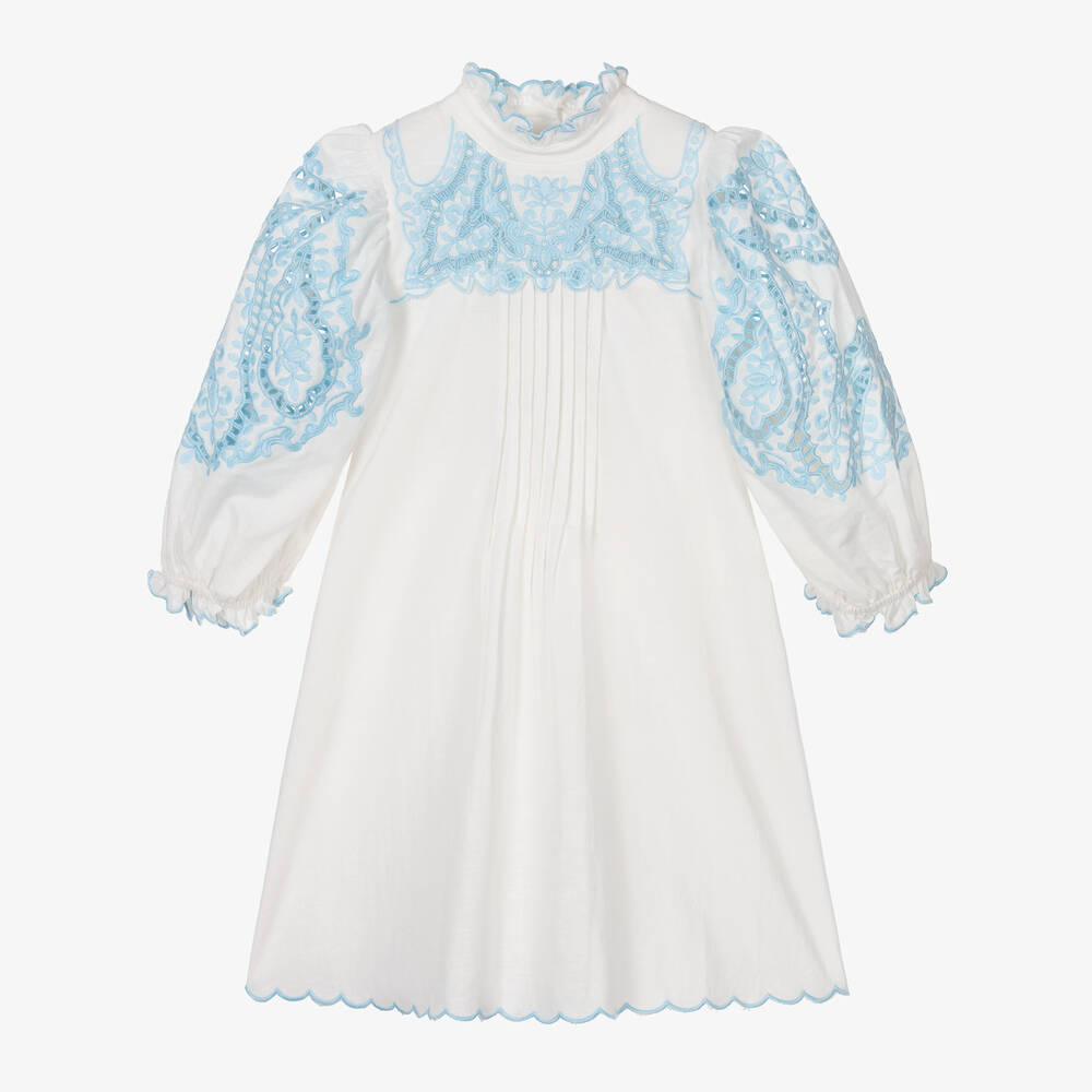 Petite Amalie - فستان قطن وكتان مطرز لون أبيض وأزرق | Childrensalon
