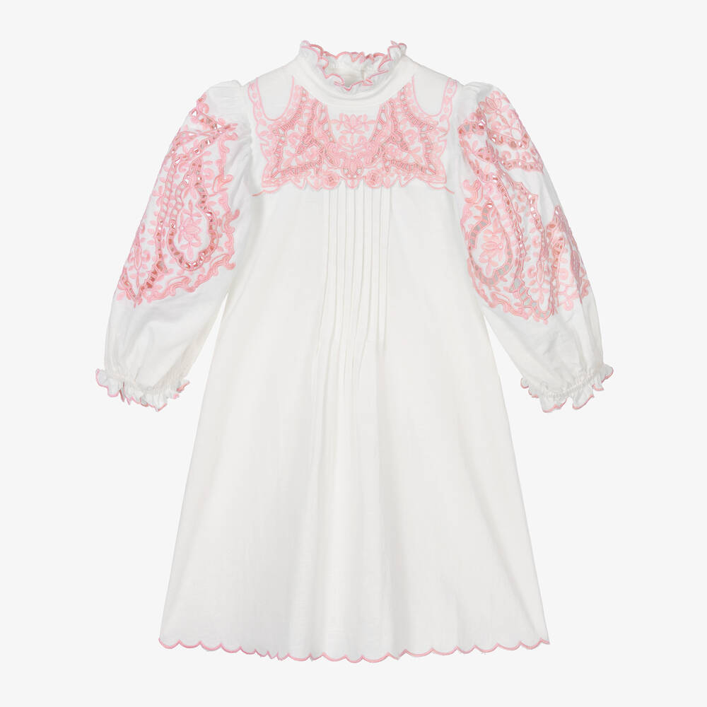 Petite Amalie - Girls White Embroidered Cotton & Linen Dress  | Childrensalon