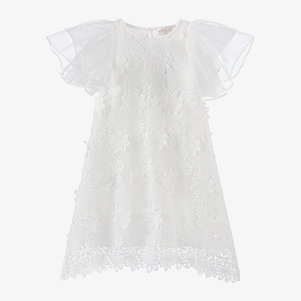 Petite Amalie - Girls White Guipure Lace Flutter Dress | Childrensalon