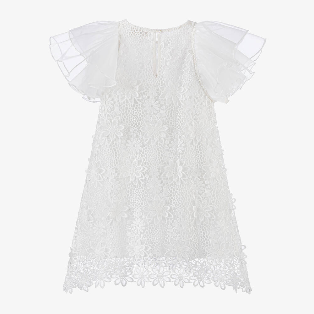 Petite Amalie - Girls White Guipure Lace Flutter Dress | Childrensalon