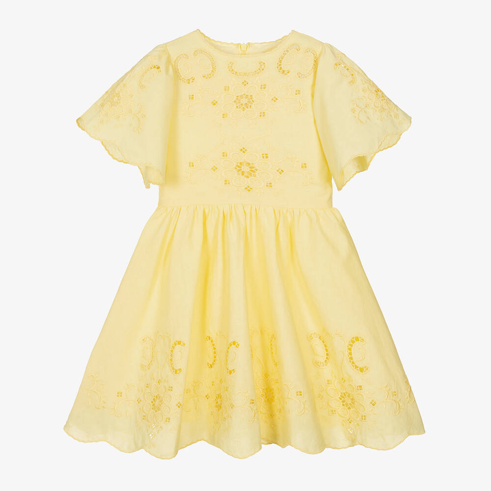 Petite Amalie - Girls Yellow Cotton & Linen Dress | Childrensalon