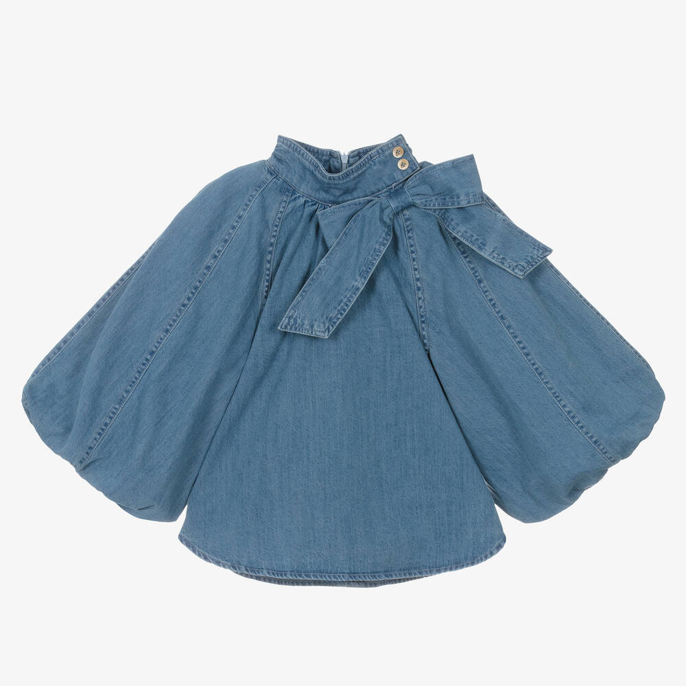 Petite Amalie - Teen Girls Blue Denim Bell Sleeve Blouse | Childrensalon