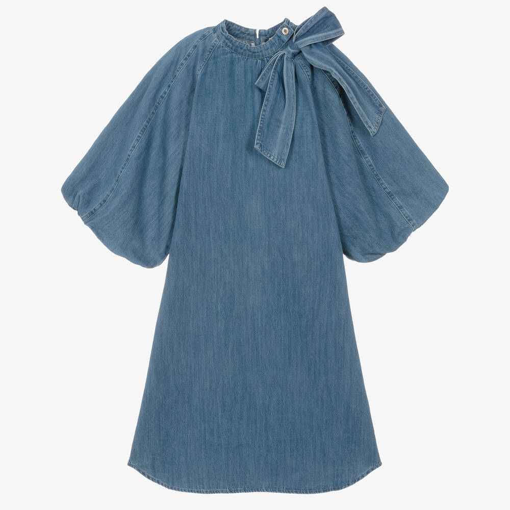 Petite Amalie - Teen Girls Blue Denim Bell Sleeve Dress | Childrensalon