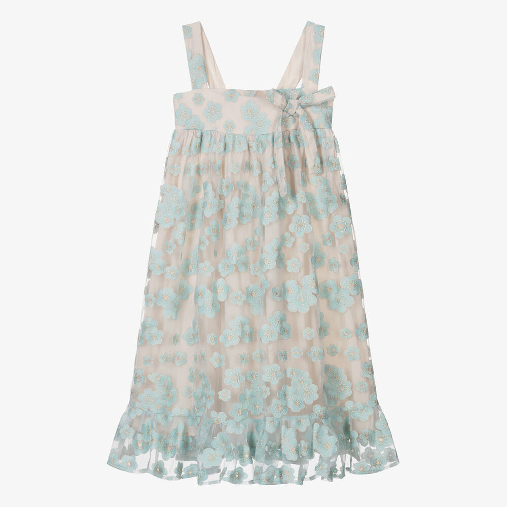 Petite Amalie - Teen Girls Turquoise Blue Embroidered Tulle Dress | Childrensalon