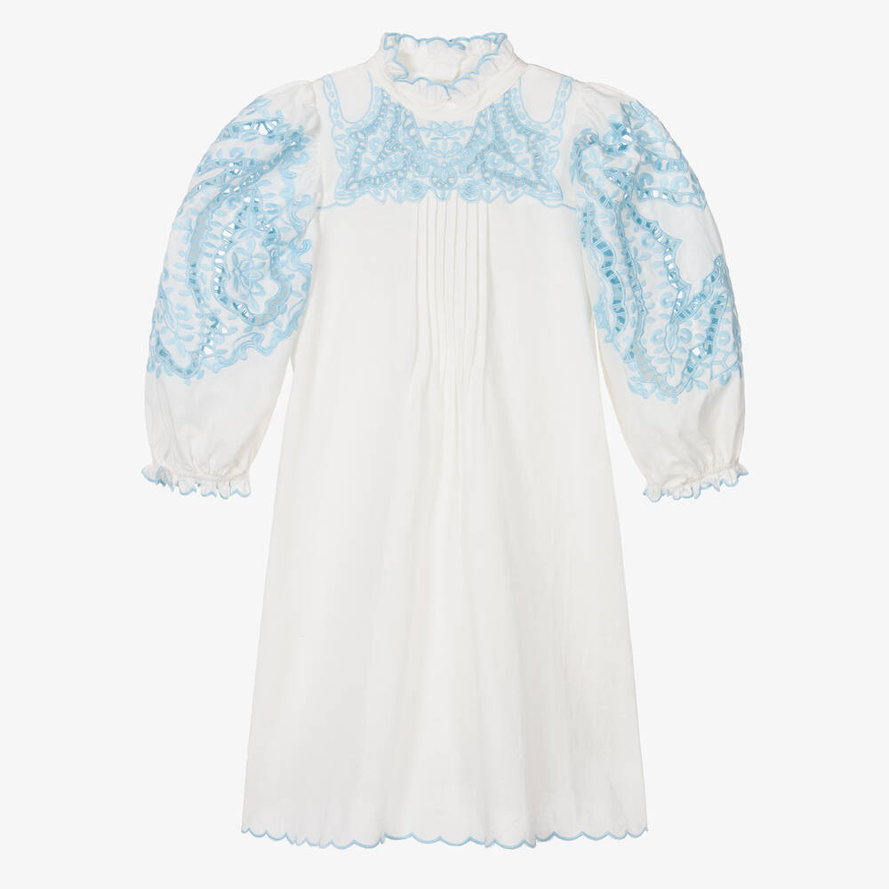 Petite Amalie - فستان قطن وكتان مطرز لون أبيض وأزرق للمراهقات | Childrensalon