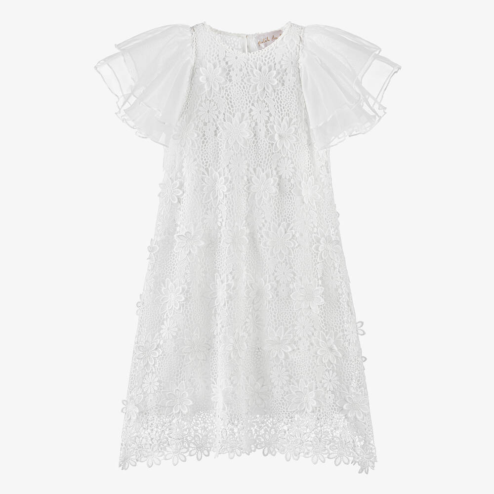 Petite Amalie Teen Girls White Guipure Lace Flutter Dress