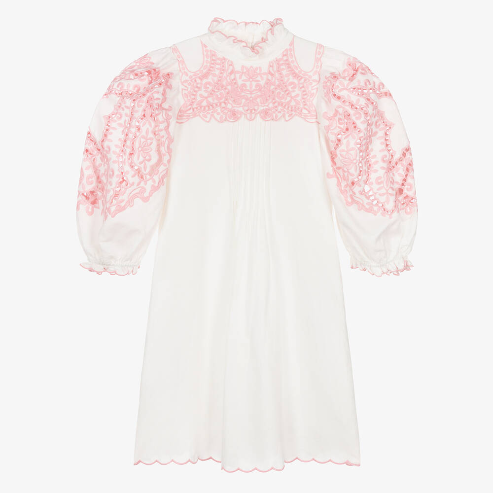 Petite Amalie - Teen Girls White & Pink Embroidered Dress | Childrensalon