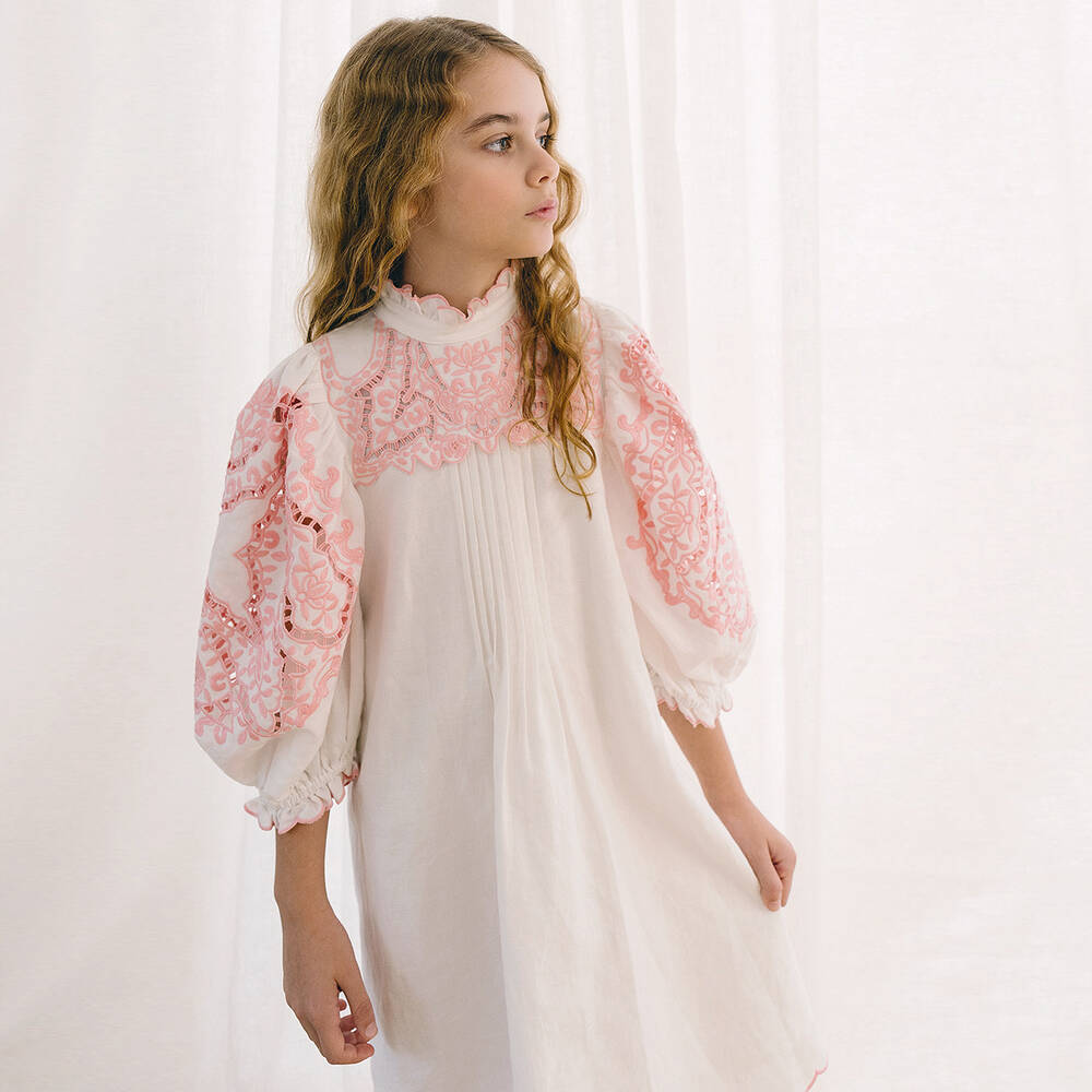 Petite Amalie - Teen Girls White & Pink Embroidered Dress | Childrensalon