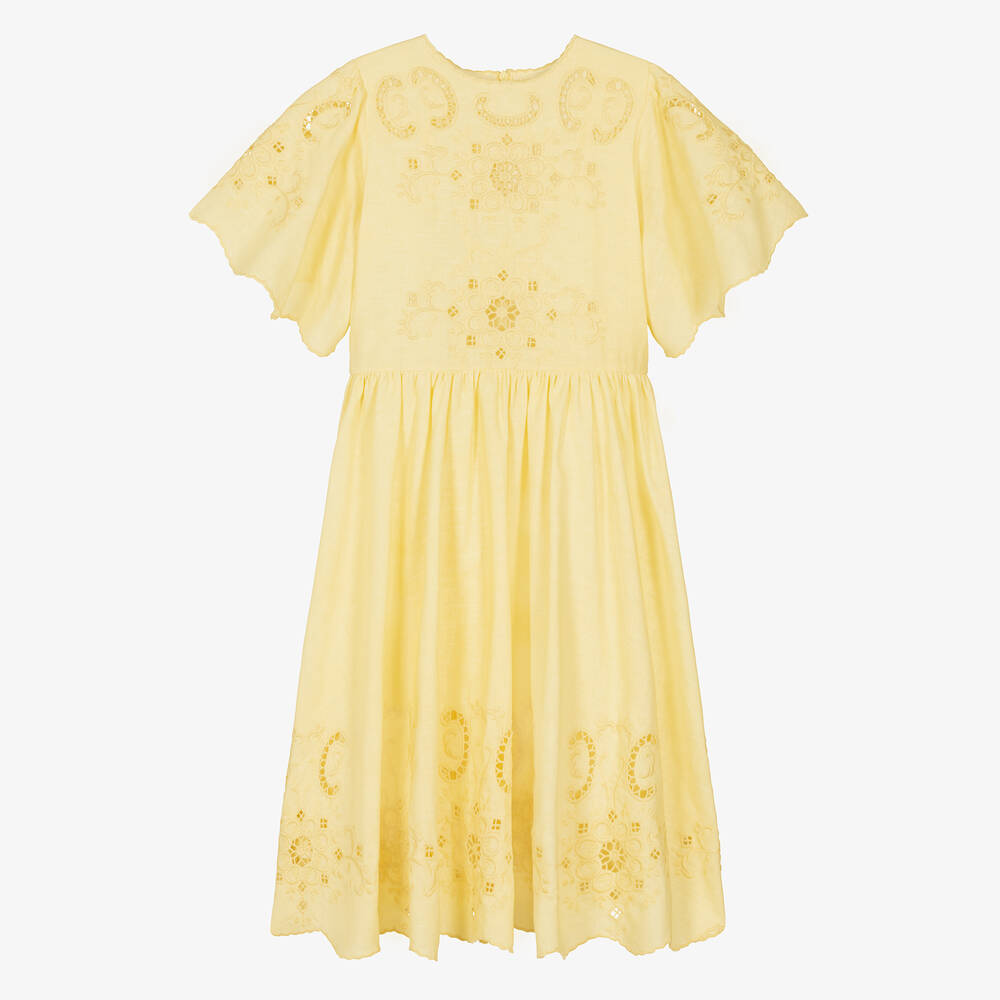Petite Amalie - فستان قطن وكتان مطرز لون أصفر للمراهقات | Childrensalon