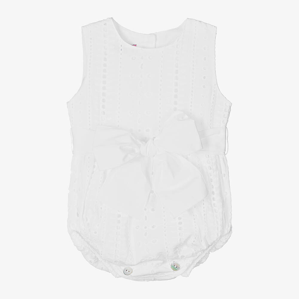 Phi Clothing - Белый хлопковый песочник с вышивкой английской гладью для малышек | Childrensalon