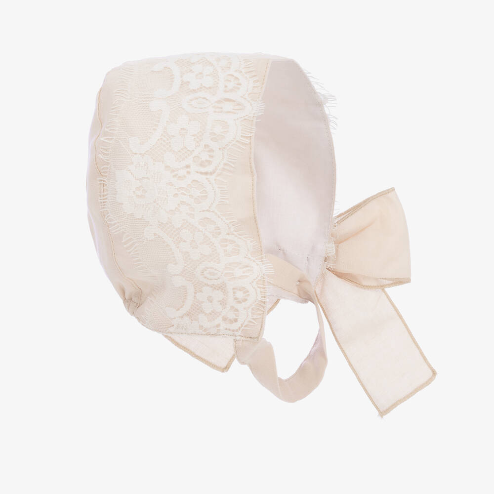 Phi Clothing - Girls Beige Cotton Lace Bonnet | Childrensalon