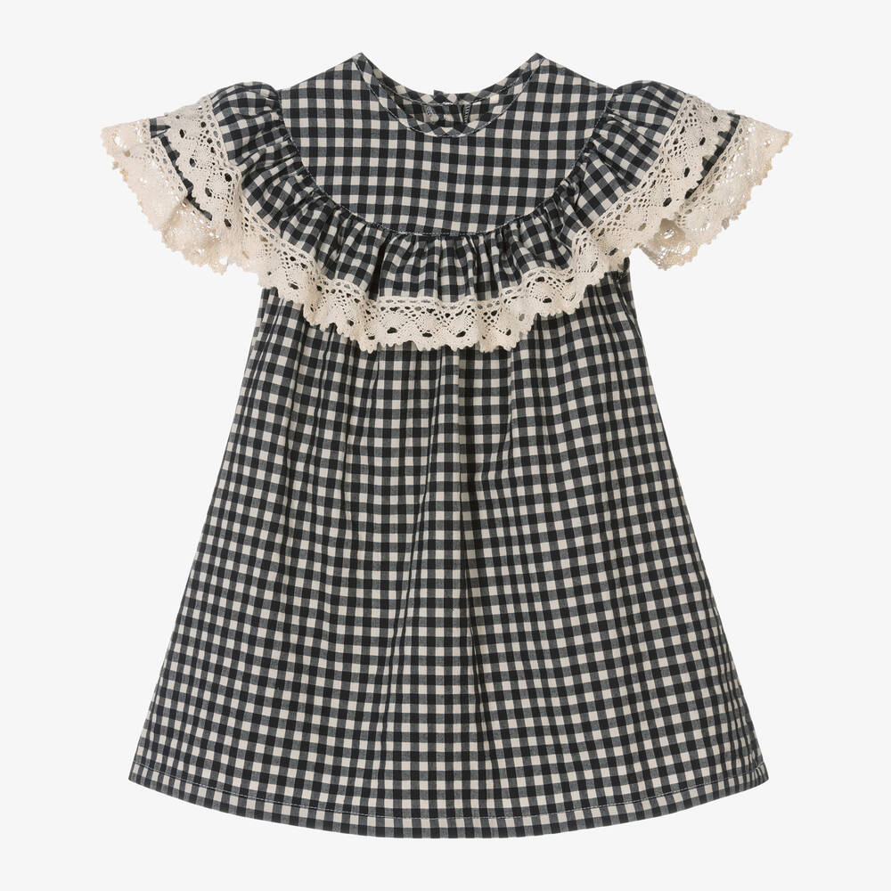Phi Clothing - Черное хлопковое платье в клетку с кружевом для девочек | Childrensalon