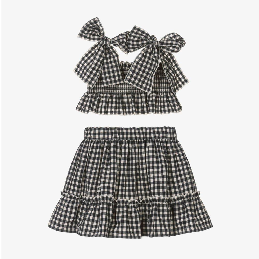 Phi Clothing - Girls Black Cotton Gingham Skirt Set | Childrensalon