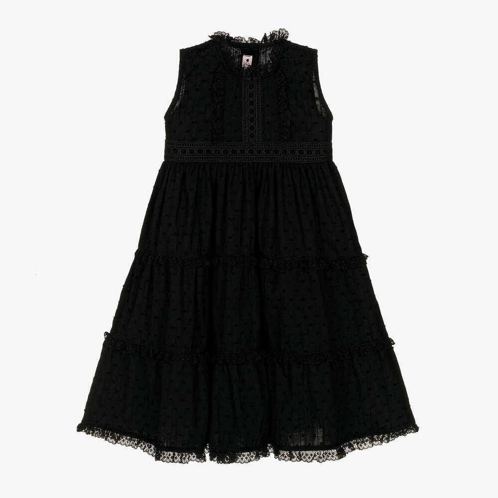 Phi Clothing - Girls Black Cotton Plumeti Dress | Childrensalon