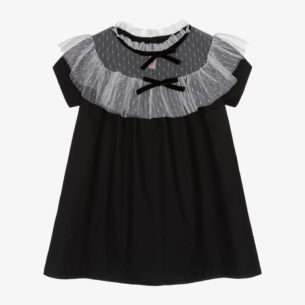 Phi Clothing - Girls Black Cotton & Tulle Frill Dress | Childrensalon