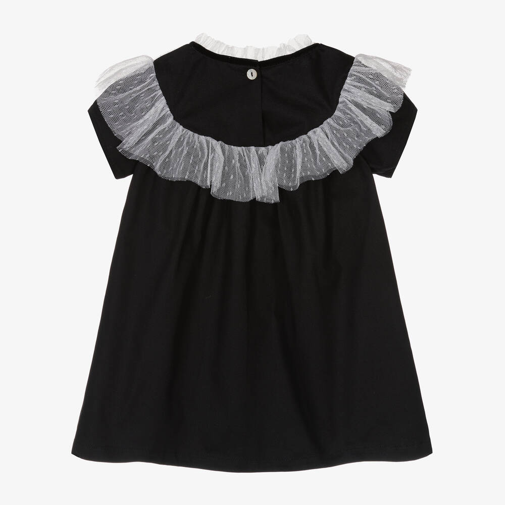 Phi Clothing - Girls Black Cotton & Tulle Frill Dress | Childrensalon