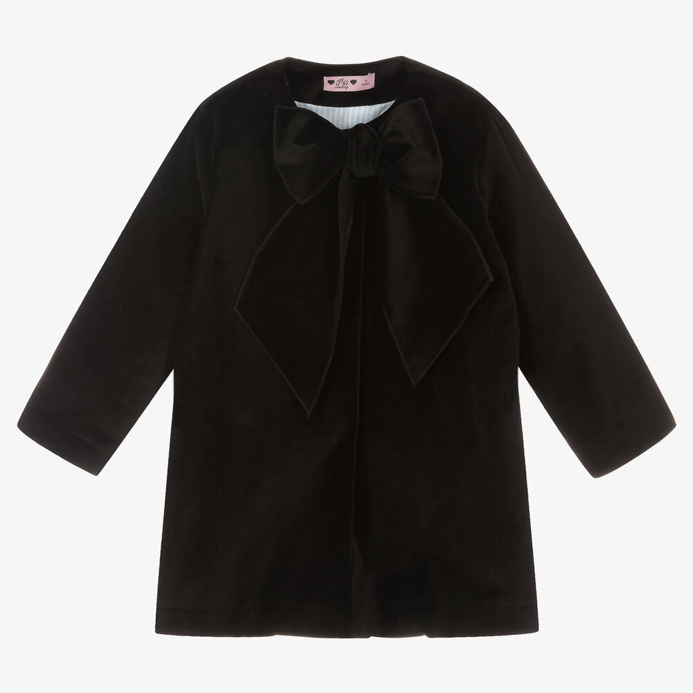 Phi Clothing - Girls Black Velvet Bow Coat | Childrensalon