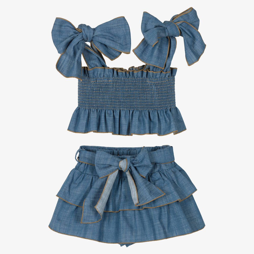 Phi Clothing - Голубой топ и юбка-шорты из шамбре для девочек | Childrensalon