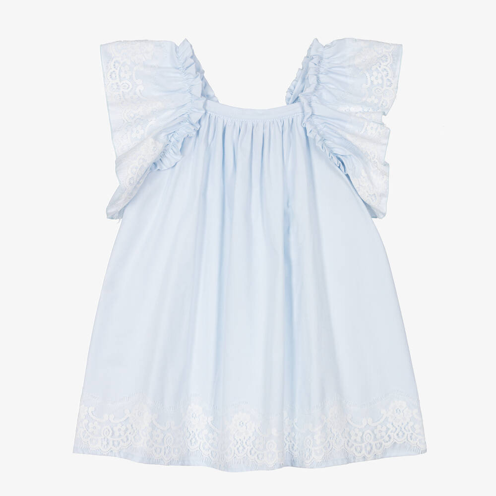 Phi Clothing - Girls Blue Cotton Flutter Lace Dress | Childrensalon