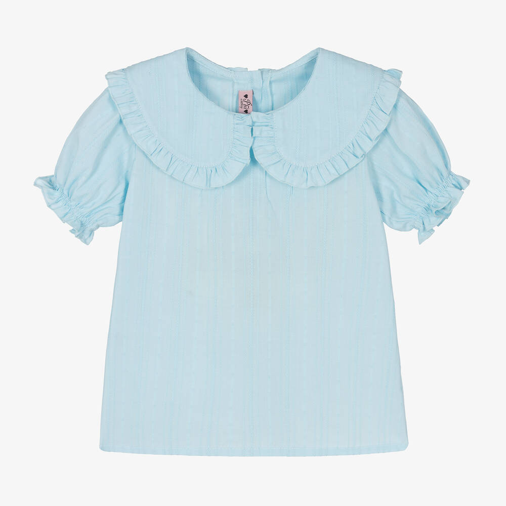 Phi Clothing - Girls Blue Cotton Frill Collar Blouse | Childrensalon