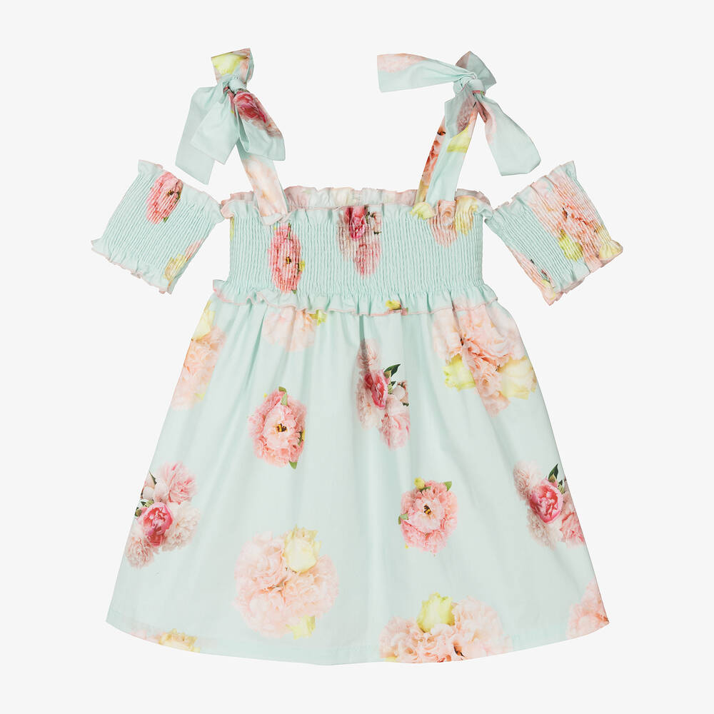 Phi Clothing - Girls Blue Floral Cotton Shirred Dress | Childrensalon