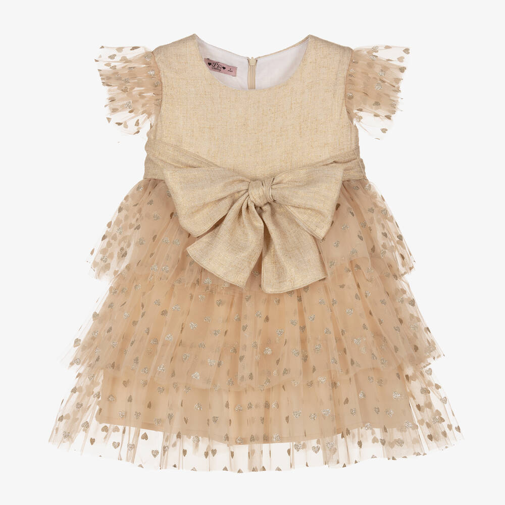 Phi Clothing - Girls Gold Hearts Tulle Dress | Childrensalon