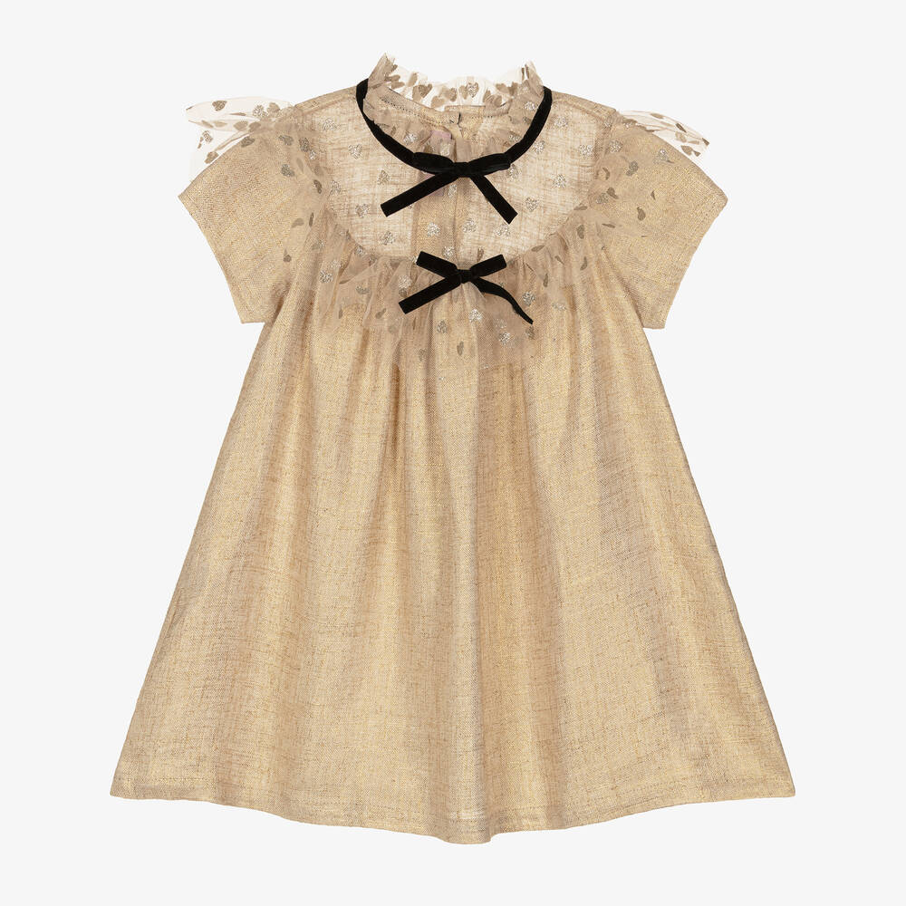Phi Clothing - Girls Gold Shimmer Linen Dress | Childrensalon