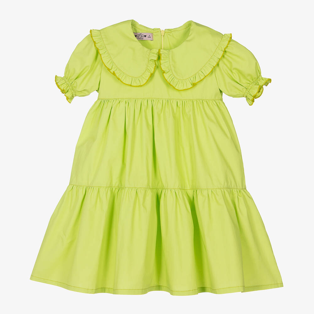 Phi Clothing - فستان قطن بوبلين بطبقات لون أخضر ليموني | Childrensalon