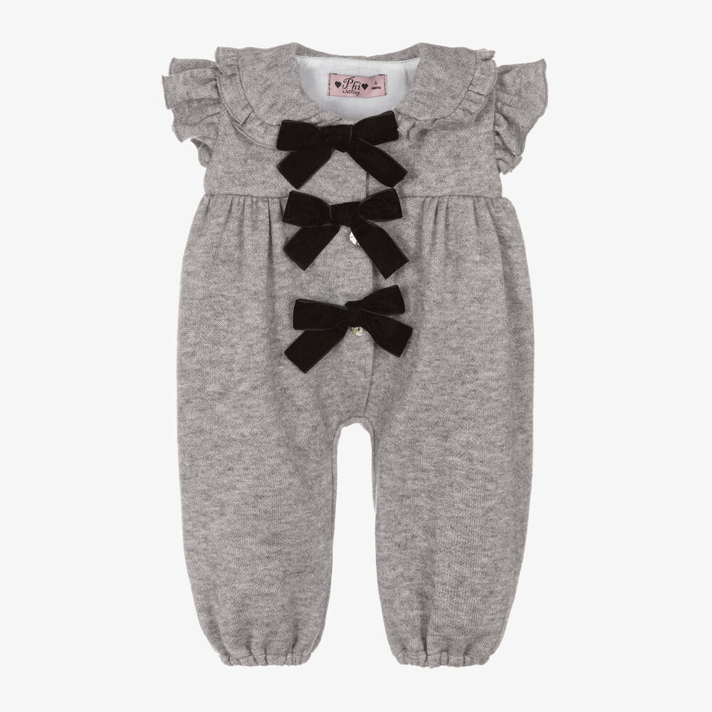 Phi Clothing - Girls Grey Viscose Knit Bow Jumpsuit | Childrensalon