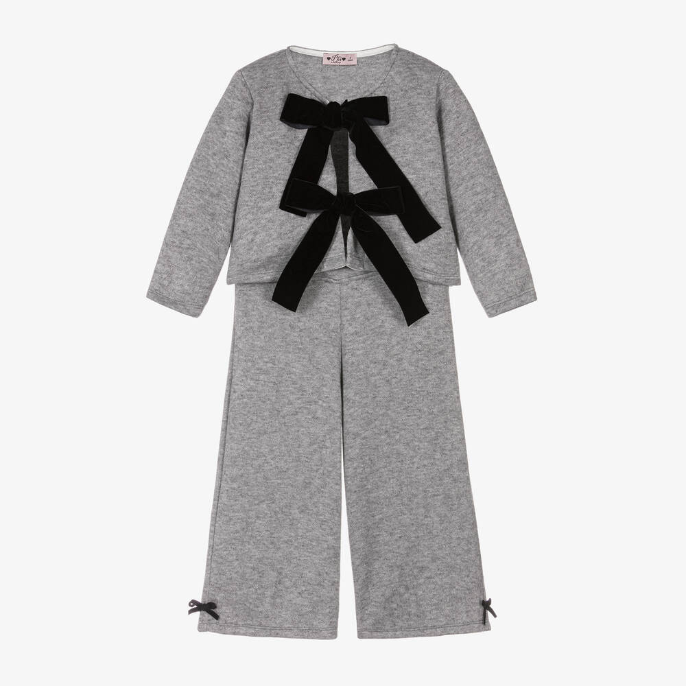 Phi Clothing - Girls Grey Viscose & Velvet Bow Trouser Set | Childrensalon