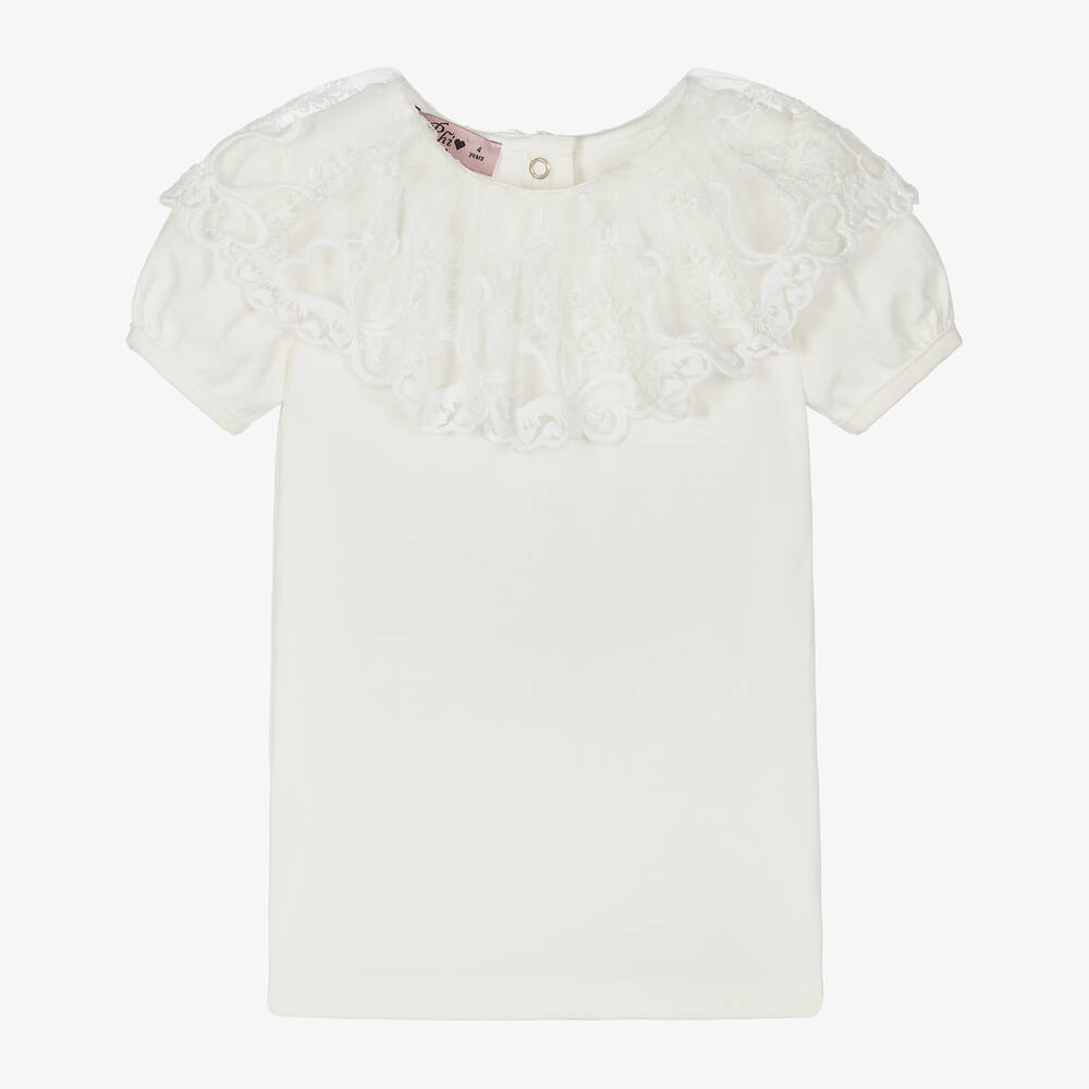 Phi Clothing - Girls Ivory Cotton & Lace T-Shirt | Childrensalon