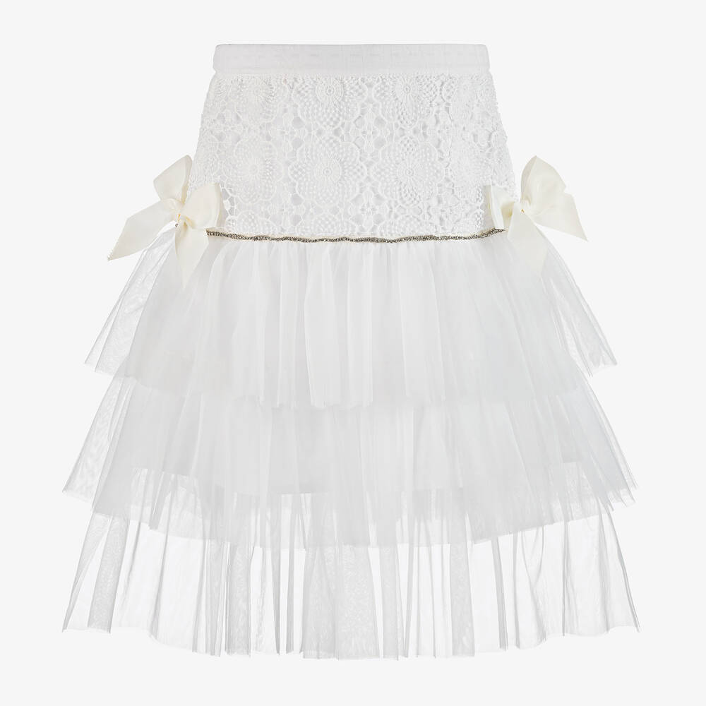 Phi Clothing - Girls Ivory Cotton Lace & Tulle Skirt | Childrensalon