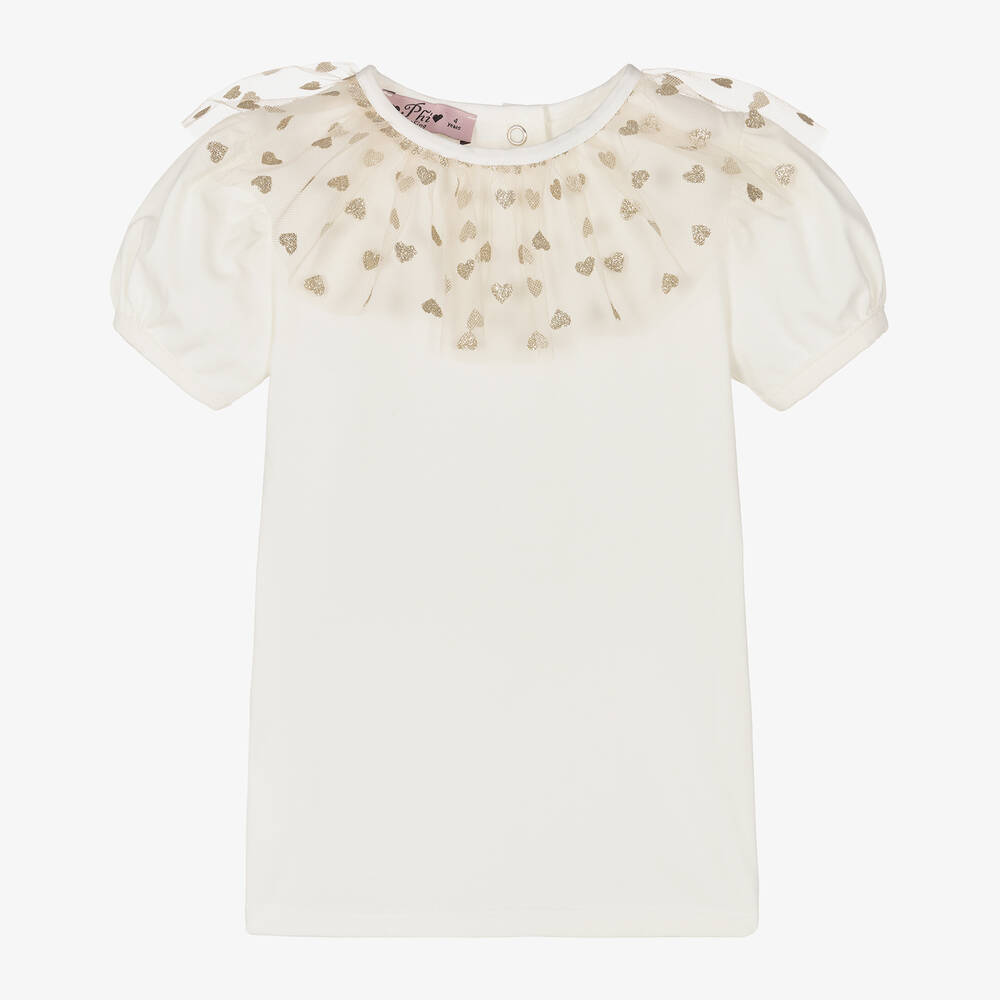 Phi Clothing - Girls Ivory Frilled Cotton T-Shirt | Childrensalon