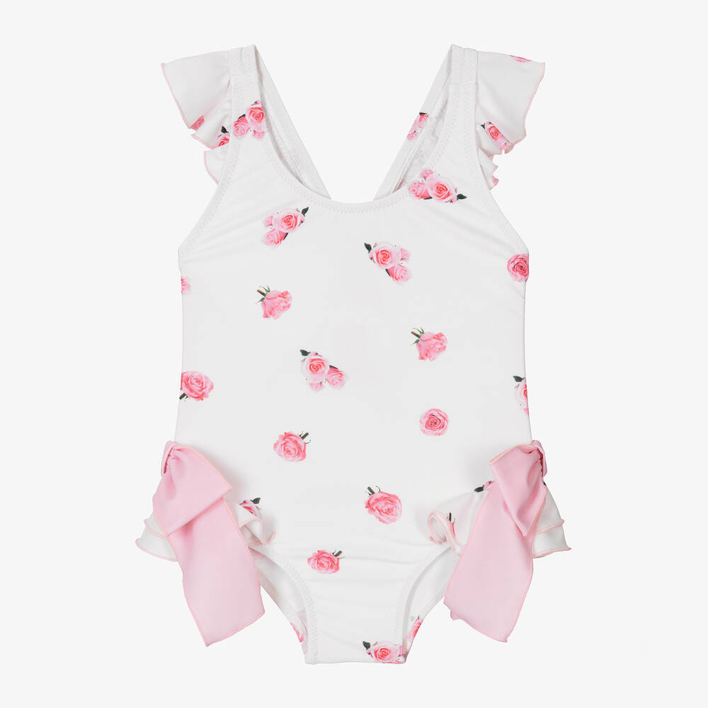 Phi Clothing - Girls Ivory & Pink Rose Swimsuit | Childrensalon