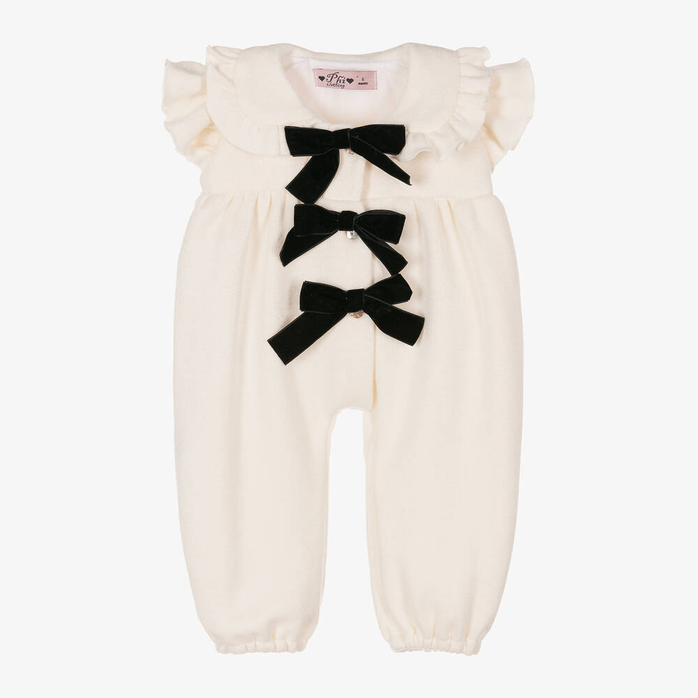 Phi Clothing - Girls Ivory Viscose Knit Bow Jumpsuit | Childrensalon