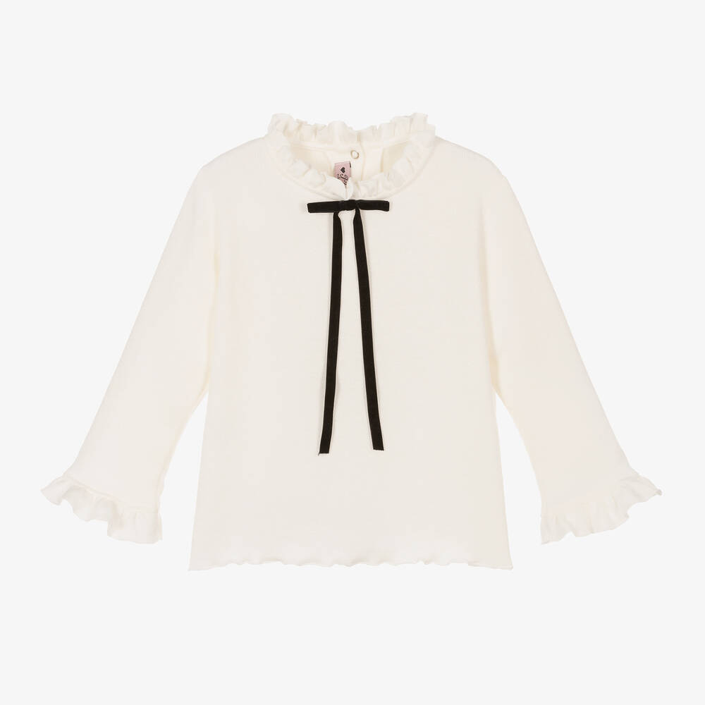 Phi Clothing - Girls Ivory Viscose & Velvet Bow Sweater | Childrensalon