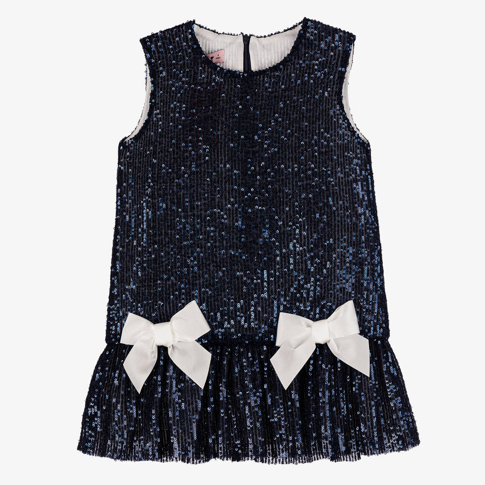 Phi Clothing - Girls Navy Blue Sequins & Bows Dress | Childrensalon