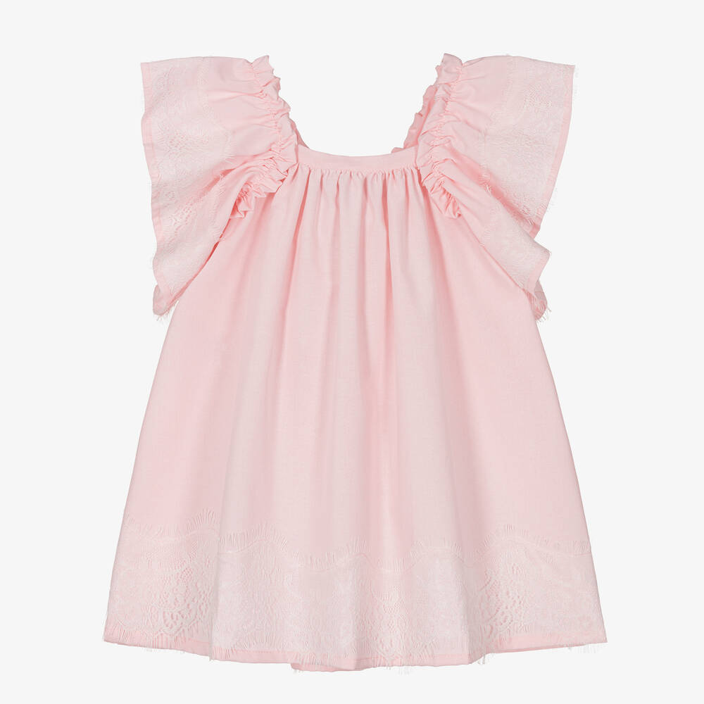 Phi Clothing - Girls Pink Cotton Flutter Lace Dress | Childrensalon