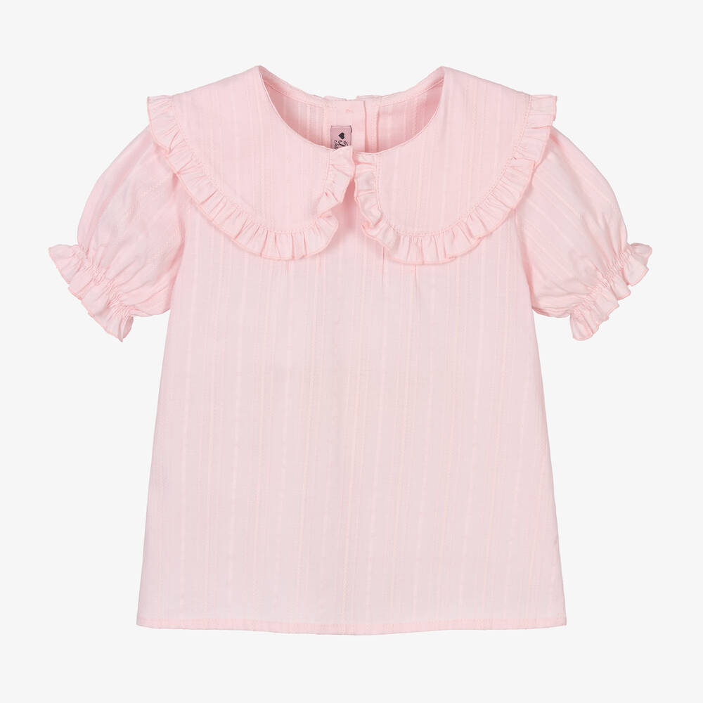 Phi Clothing - Girls Pink Cotton Frill Collar Blouse | Childrensalon