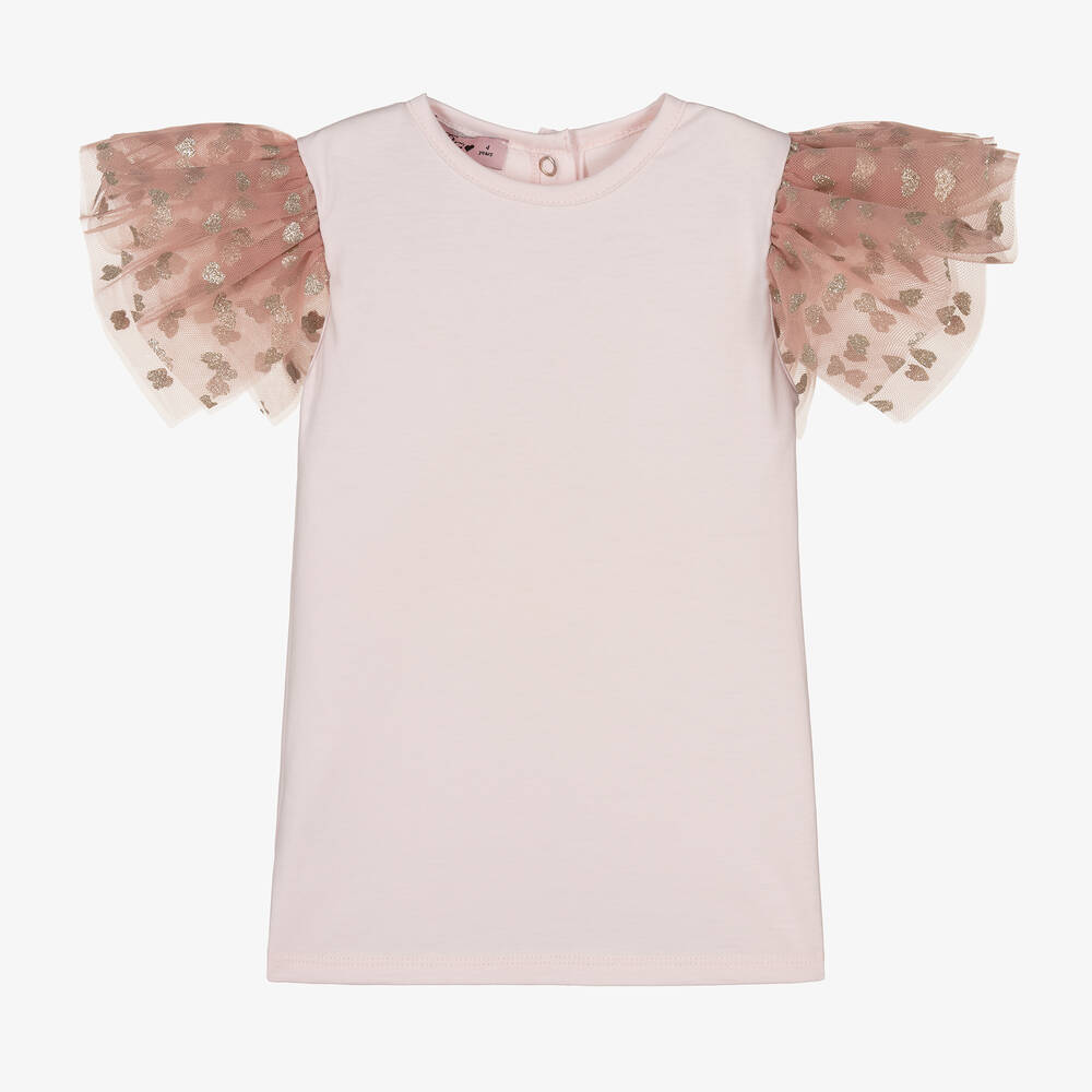 Phi Clothing - Girls Pink Cotton & Tulle T-shirt | Childrensalon