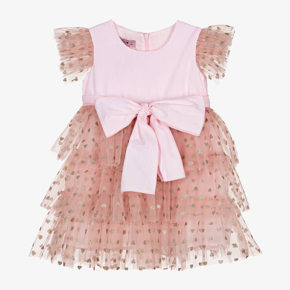 Phi Clothing Babies' Girls Pink Hearts Tulle Dress