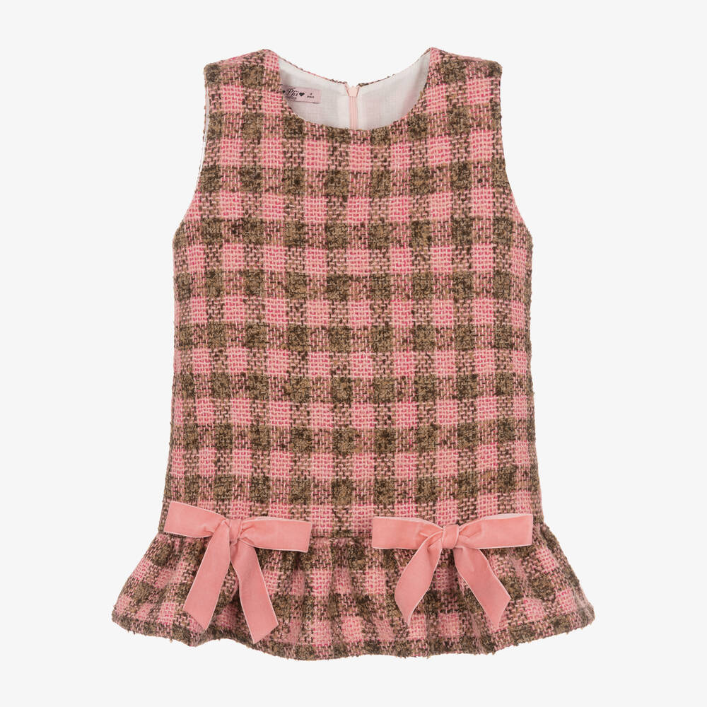 Phi Clothing - Girls Pink Viscose Tweed & Velvet Bow Dress | Childrensalon