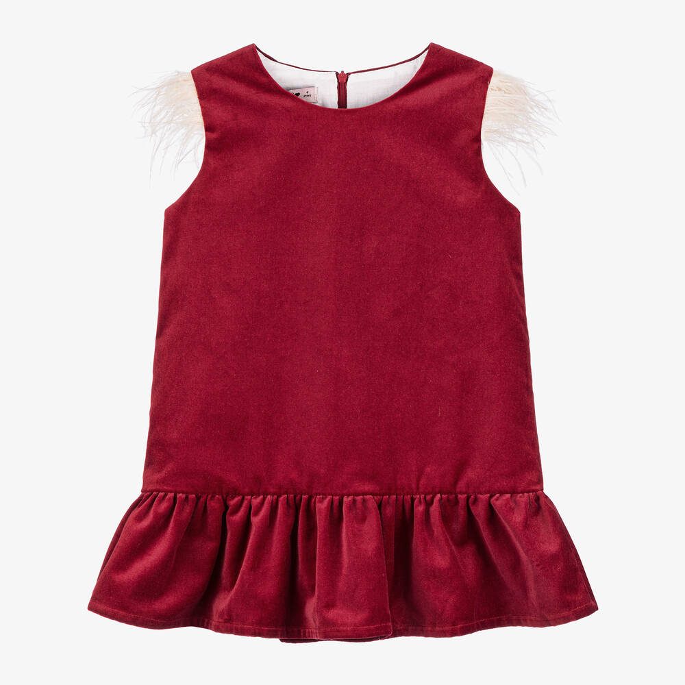 Phi Clothing - Girls Red Velvet & Feather Dress | Childrensalon