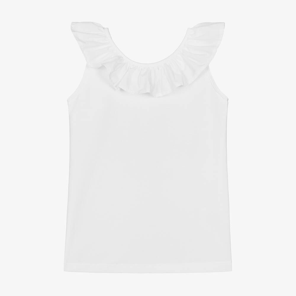 Phi Clothing - تيشيرت قطن جيرسي لون أبيض مزينة بفيونكة وكشكش | Childrensalon